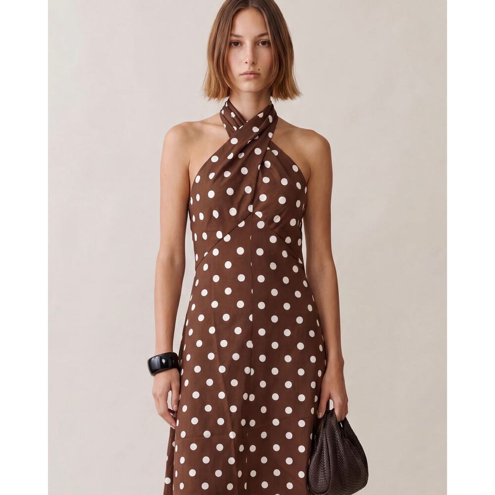 New O.P.T Noelle cotton brown polka dot maxi dress $197 sz S - Picture 3 of 6